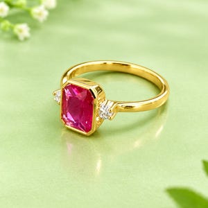 Pink Gemstone Ring, Gold Tone Ruby Style Ring, Rectangular Pink Stone Ring, Elegant Dainty Ring, Sparkling Side Stone Jewelry Gift for Her