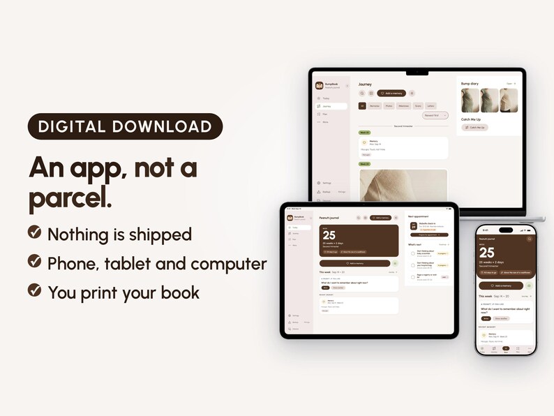 Zwangerschapsdagboek-app: Digitaal bewaarboek met foto's, afdrukbaar herinneringsboek, voor telefoon, tablet en computer afbeelding 2