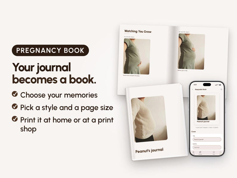 Zwangerschapsdagboek-app: Digitaal bewaarboek met foto's, afdrukbaar herinneringsboek, voor telefoon, tablet en computer afbeelding 3