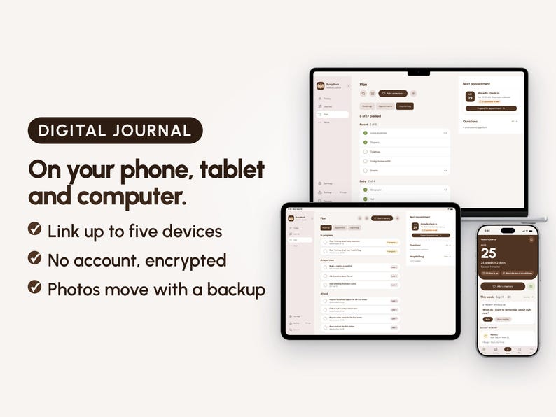 Zwangerschapsdagboek-app: Digitaal bewaarboek met foto's, afdrukbaar herinneringsboek, voor telefoon, tablet en computer afbeelding 9