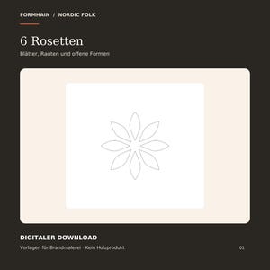 May include: A digital download template featuring the text FORMHAIN / NORDIC FOLK, 6 Rosetten, Blätter, Rauten und offene Formen, and DIGITALER DOWNLOAD, Vorlagen für Brandmalerei · Kein Holzprodukt, with a central line-art rosette design.