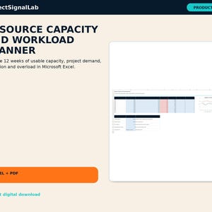 May include: A digital resource capacity and workload planner template for Microsoft Excel. The interface features a 12-week planning grid with capacity, demand, and utilization metrics, alongside a line chart visualizing project trends and data.