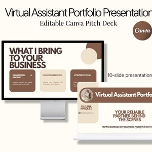 May include: A 10-slide Virtual Assistant Portfolio Presentation editable Canva pitch deck displayed on a computer monitor and laptop screen with brown and beige color schemes, featuring text about business services and professional organization.