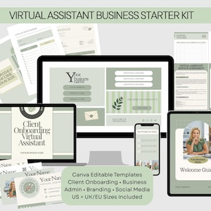 May include: A virtual assistant business starter kit featuring sage green and cream digital templates. Includes a computer monitor, tablet, and smartphone displaying branding, client onboarding, and administrative documents with text overlays.
