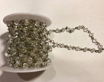 4mm, 6mm, 8mm, 10mm or 12mm  rondelle crystal faceted beaded chain with brass  links, 13 feet in a roll, 1 roll