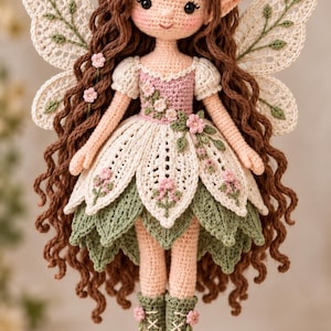 May include: A crocheted fairy doll with long wavy brown hair, pointed ears, and a flower crown. The doll wears a pink and white bodice, a layered skirt of white petals and green leaves, and green lace-up boots. Large white crocheted wings with green leaf embroidery are attached to the back.