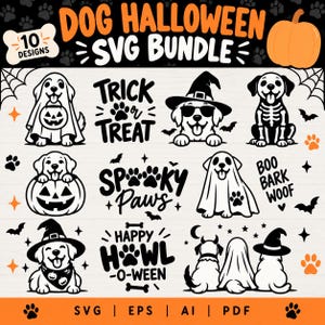 Może przedstawiać: Cyfrowy pakiet graficzny zawierający 10 czarno-białych wzorów psów z motywem Halloween. Kolekcja obejmuje ilustracje psów w kostiumach duchów, w kapeluszach czarownic oraz siedzących w dyniach, wraz z napisami takimi jak Trick or Treat.