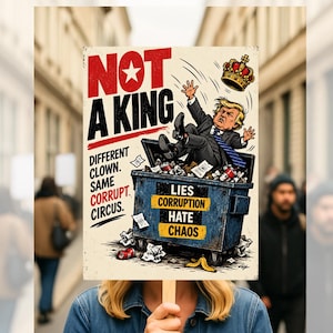 May include: A rectangular sign featuring a cartoon illustration of a figure in a suit falling into a blue dumpster, with a crown floating above. Text reads: NOT A KING, DIFFERENT CLOWN. SAME CORRUPT CIRCUS. LIES, CORRUPTION, HATE, CHAOS.