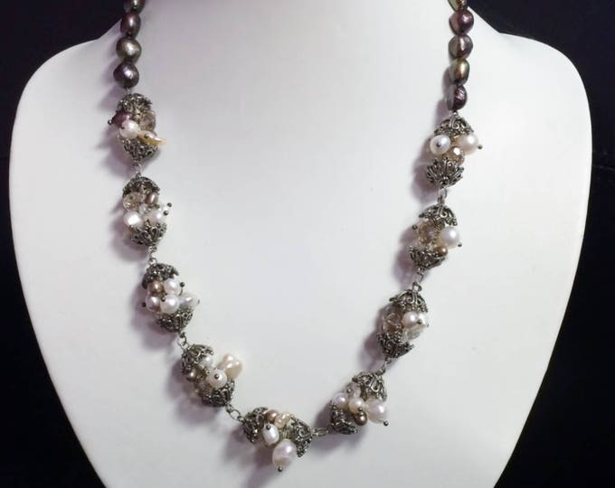 Multi CFW Pearl & Crystal Necklace: Vintage Inspired Bali Necklace, Pearl Jewelry, Statement Necklace, Wedding Jewelry, Pearl Necklace,
