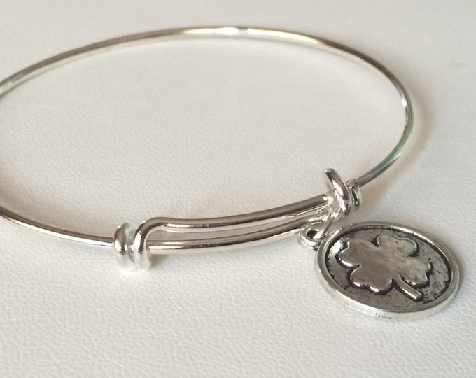 Four Leaf Clover Charm Bangle: 4 leaf clover, luck of the irish, St. Patricks day, four leaf clover bracelet, shamrock bracelet