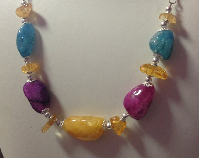Summer Jewelry, Multi Color Glass Quartz with Mother of Pearl Shell Beaded Necklace, Glass Beaded Necklace, Statement Necklace, Multi Color
