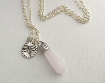 Rose Quartz Pendant Dragonfly Charm necklace, Reiki necklace, quartz pendant, Yoga jewelry, gemstone necklace, Chakra necklace, Full Moon