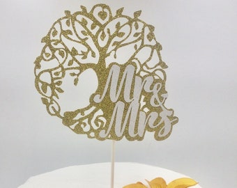 Tree of Life Cake Topper, Mr & Mrs Gold Glitter Cake Topper, Tree Theme, Wedding Cake Topper, Mr and Mrs Cake Topper, Gold Cake Decor