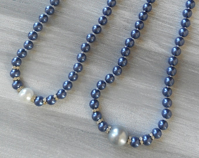 Navy Blue Faux Pearl Beaded Necklace, Prom Necklace, Pearl Necklace, Blue Necklace, Bridal Necklace, Pearl Jewelry, Sweet Sixteen