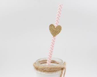 Gold and Pink, Gold Glitter Heart Party Straw, Heart Straws, Bridal Shower, Baby Shower, Party Straws, Party Supplies, Heart Birthday Theme