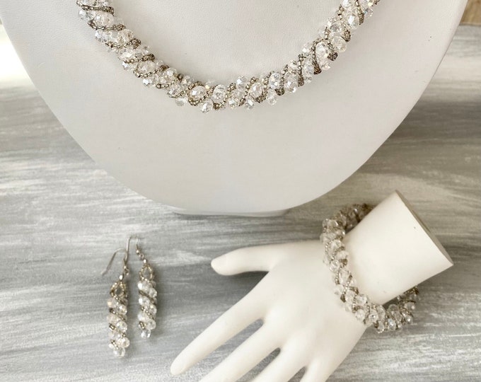 Crystal Necklace Set, Bridal Crystal Choker Necklace, Crystal Beaded Necklace, Faceted Crystal Jewelry Set, Crystal Choker Necklace