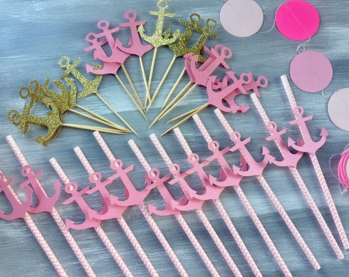 Anchor Party Decorations, Pink and Gold, Birthday Cupcake Toppers, Anchor Baby Shower Decor, Cake Decorations, Paper Straws, Pink Garland