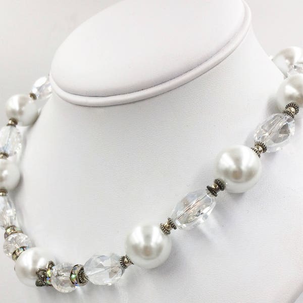 White Glass Pearl & Crystal Earring and Necklace Set - Bridal Necklace Set, Chunky Choker Necklace, Pearl Jewelry, Bridal Necklace Pearl