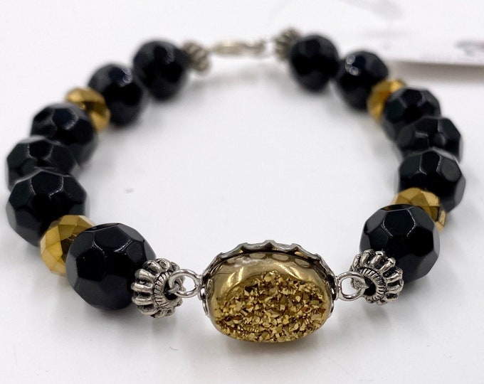 Titanium Druzy & Faceted Black Onyx Bead Bracelet, Gemstone Bracelet, Black Stone Bracelet, Druzy Jewelry, Onyx Jewelry, Statement Bracelet