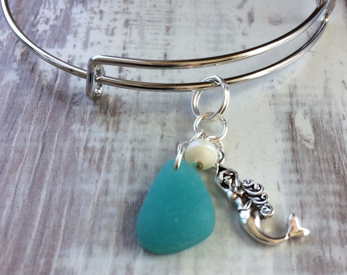 Mermaid Bracelet, Charm Bangle Bracelet, Nautical jewelry, Mermaid Jewelry, Sea Glass Bracelet , Beach jewelry, Summer Jewelry, Mermaid Gift