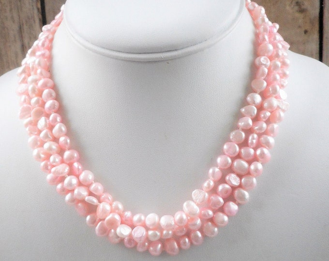 Multi Stand Light Pink Pearl Choker Necklace, 16" 3 Row Baroque C.Freshwater Pearl, Pearl Jewelry, Pink Pearl Necklace, Statement Necklace