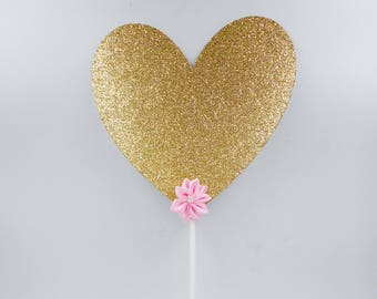 Pink and Gold Cake Topper, One Birthday Cake Topper, Glitter Heart Cake Topper, Party Decoration, First Birthday, Heart Centerpiece Stick