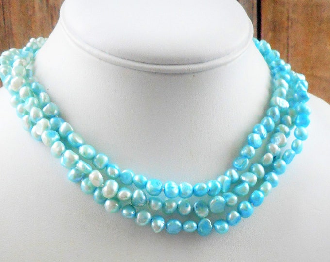 Multi Stand Light Blue Pearl Choker Necklace, 16" 3 Row Baroque C.Freshwater Pearl, Pearl Jewelry, Pearl Necklace, Statement Necklace