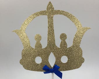 Crown Cake Topper, Gold & Royal Blue Cake Topper, Glitter Cake Topper, Party Decorations, Little Prince Cake Topper, Boy Baby Shower, King