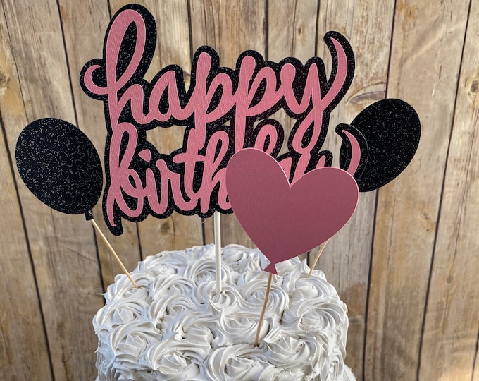 Happy Birthday Cake Topper, Pink and Black Cake Topper, Girl Birthday Cake Topper, Glitzy Cake Topper, Girl Cake Topper, Girl Birthday Decor