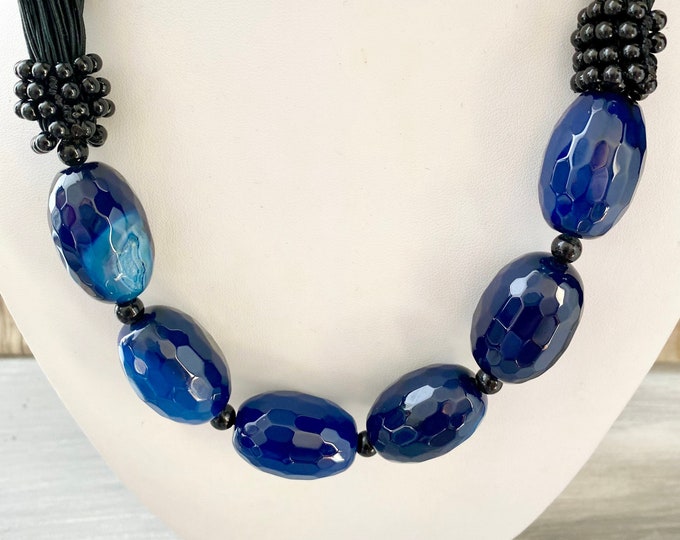 Chunky Beaded Blue Agate Gemstone Necklace, Faceted Gemstone Necklace, Blue Necklace, Beaded Necklace, Statement Necklace, Boho Jewelry