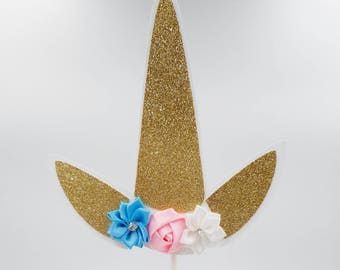 Gold Glitter Unicorn Horn Cake Topper, Flower Ribbon