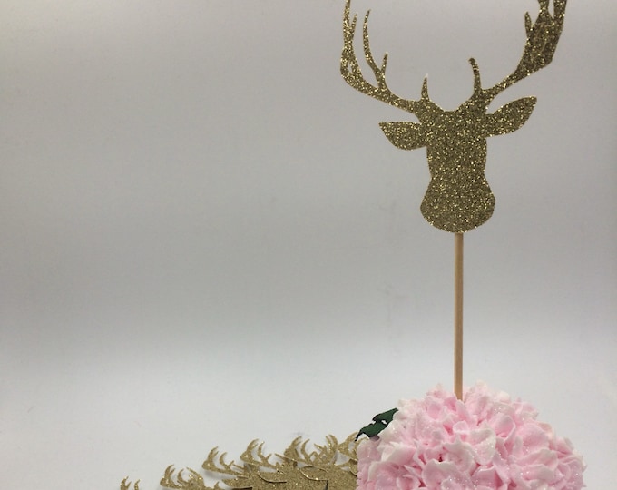 Boho Cupcake Topper, Gold Antler Cupcake Topper, Glitter Cupcake Topper, Gold Deer Cupcake Topper, Baby Shower Decor, Woodland Theme