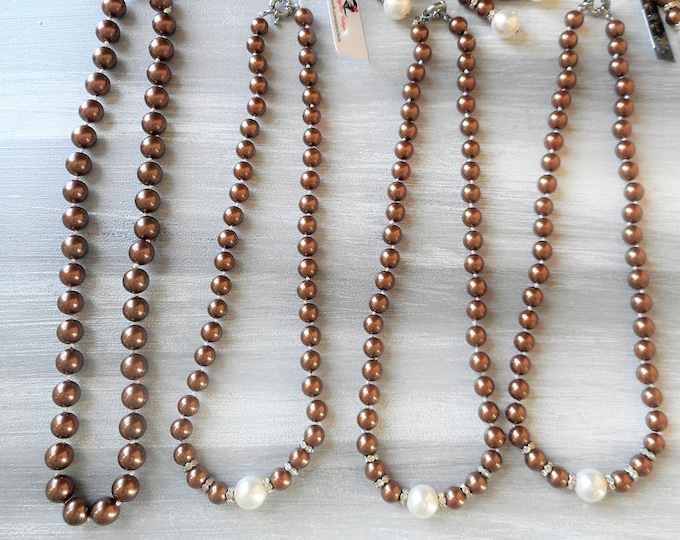 Brown Pearl Bridal Party Necklace Set, Brown & White Faux Pearl Bridal Necklace Earring Set - Jewelry for Bridesmaids, Maid of Honor Jewelry