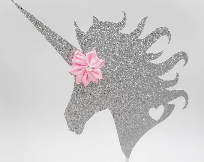 Unicorn Head Cake Topper, Silver & Pink Cake Topper, Glitter Cake Topper, Party Decorations, Birthday Cake Topper, Silver Unicorn, Unicorns