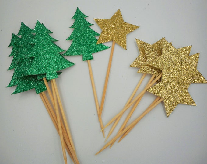 Christmas Cupcake Toppers, Star and Tree Glitter Cupcake Toppers, Holiday Cupcake Decorations, Christmas Decorations, Desert Table Decor