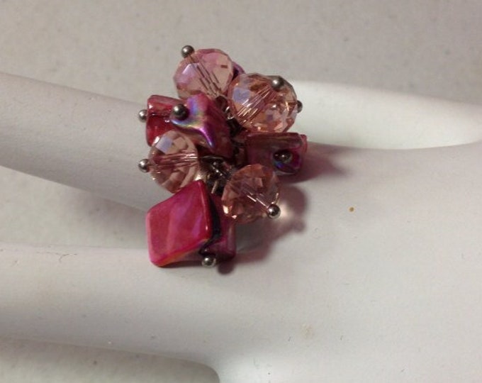 Faceted Pink Crystal & Pink Shell Ring, Statement Ring, Crystal Ring, Beaded Ring, Shell Ring, Prom Jewelry, Summer Jewelry, Pink Ring