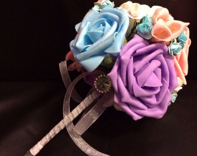 Peach Blue Purple Rose Toss bouquet, flowergirl bouquet, small bouquet, throw bouquet, photography prop, Spring Bouquets, Mini Bouquets