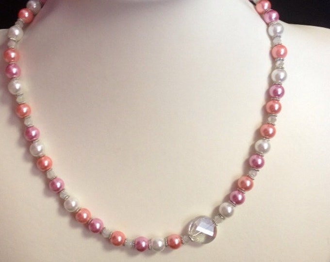 18" 8mm Pink Peach White Shell Pearl & Crystal Necklace, Pink Pearl Jewelry, Prom Jewelry, Pageant Necklace, Sweet Sixteen, Easter,