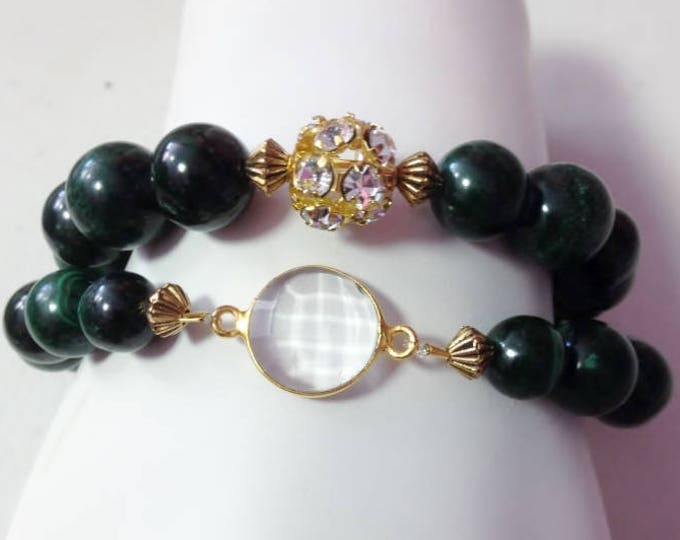 Malachite Bracelet, Faceted Crystal and Malachite Gemstone Bead Stretch Bracelet Set; Reiki Jewelry, Stone Bracelet Set, Beaded Bracelet