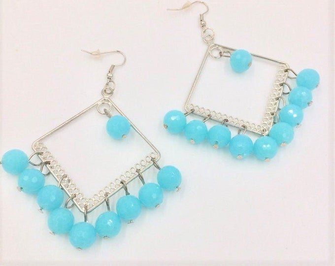 Statement Jewelry, Chunky Beaded Dangle Earrings, Blue Earrings, Boho Jewelry, Summer Earrings, Dangle Drop Earrings, Blue Beaded Earrings