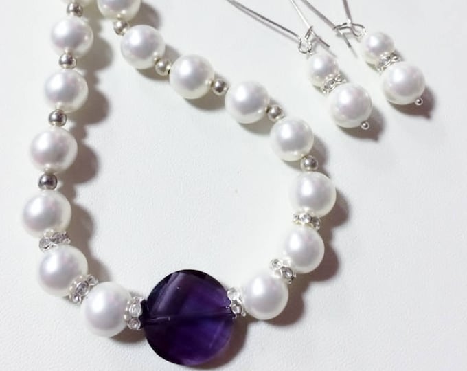 Bridal Beaded Jewelry Set, White Glass Pearl & Faceted Purple Crystal Necklace Earring Set, Faux Pearl necklace, Pearl Choker Necklace Set