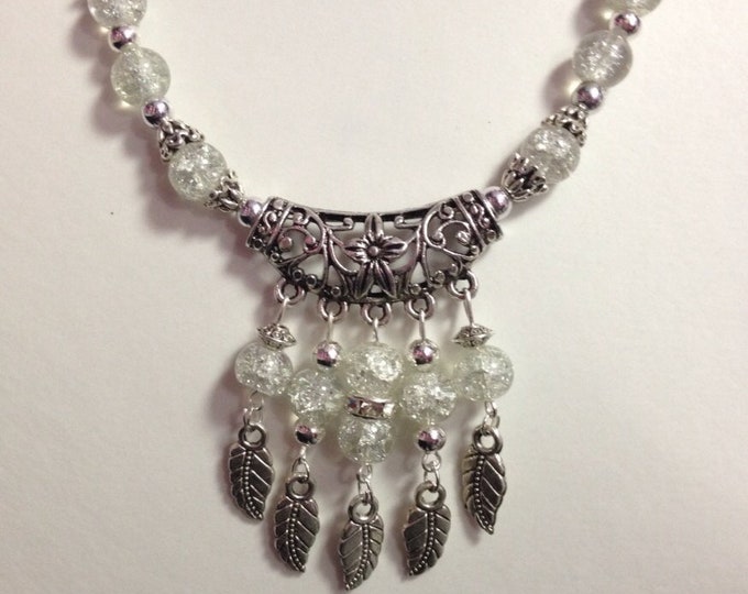 Dream Catcher Clear Crackle Glass Bead Necklace: bib necklace, bohemain necklace, boho jewelry, leaf charm necklace