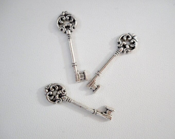 10 Key Charms, Silver tone Key Charms, Bracelet charms, Jewelry charms, Victorian key charms, Loose charms, Favor charms, Craft charms,