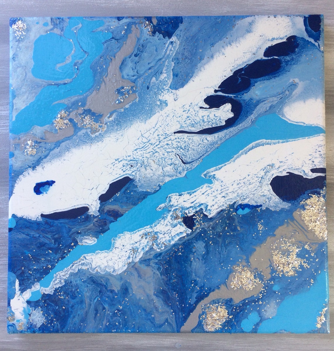 Blue Abstract Canvas Art Modern Wall Art Silver White and Etsy