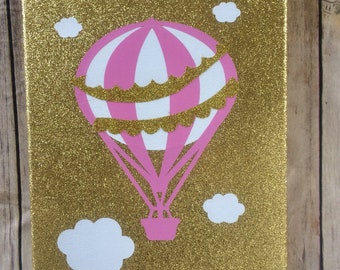 Hot Air Balloon Decor, Hot Air Balloon Canvas, Glitter Canvas, Girls Room Nursery Decor, Wall Art, Canvas Wall Decor, Pink & Gold Decor