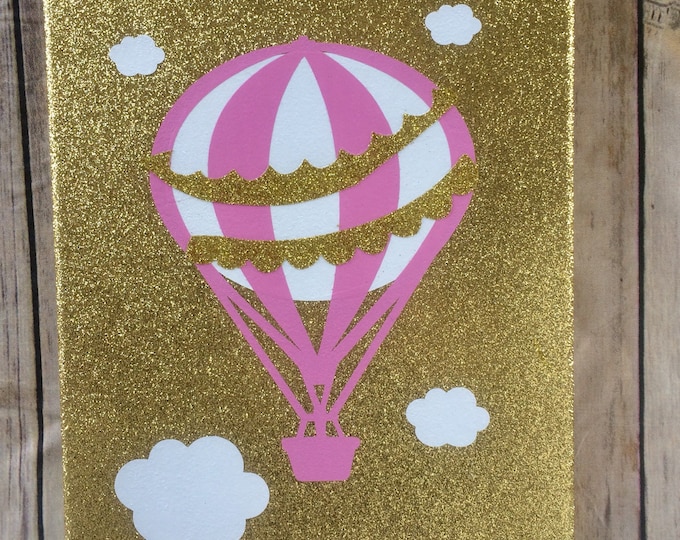 Hot Air Balloon Decor, Hot Air Balloon Canvas, Glitter Canvas, Girls Room Nursery Decor, Wall Art, Canvas Wall Decor, Pink & Gold Decor