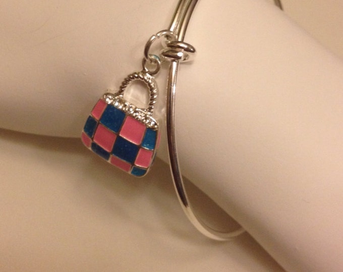 Pink & Blue Enamel Handbag Charm Bangle