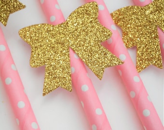 Gold and Pink Party Decorations, Gold Bow Party Straw, Pink Party Decor, Cake Pop Sticks, Bow Decorations, First Birthday Party