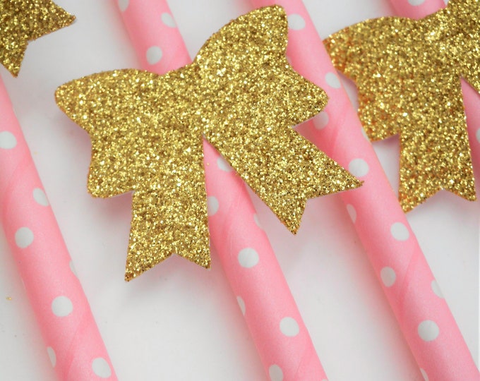 Gold and Pink Party Decorations, Gold Bow Party Straw, Pink Party Decor, Cake Pop Sticks, Bow Decorations, First Birthday Party