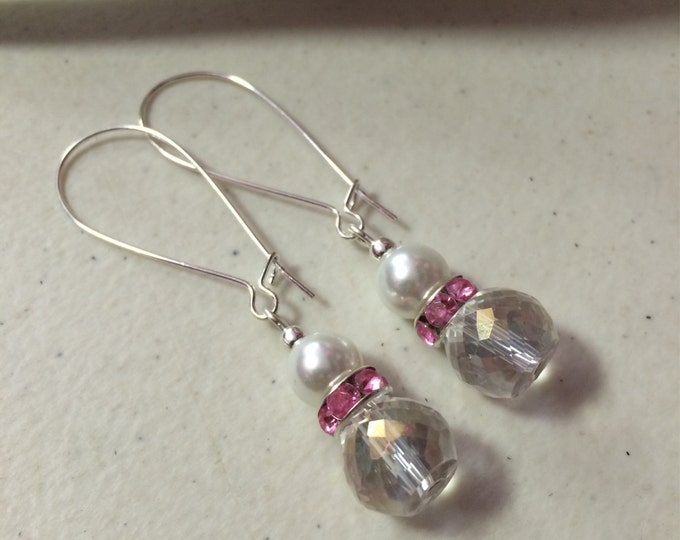 Faceted Crystal & White Faux Pearl Kidney Earwire Bridal Earrings, Beaded Earrings, White and Pink Earrings, Drop Earrings, Dangle Earrings